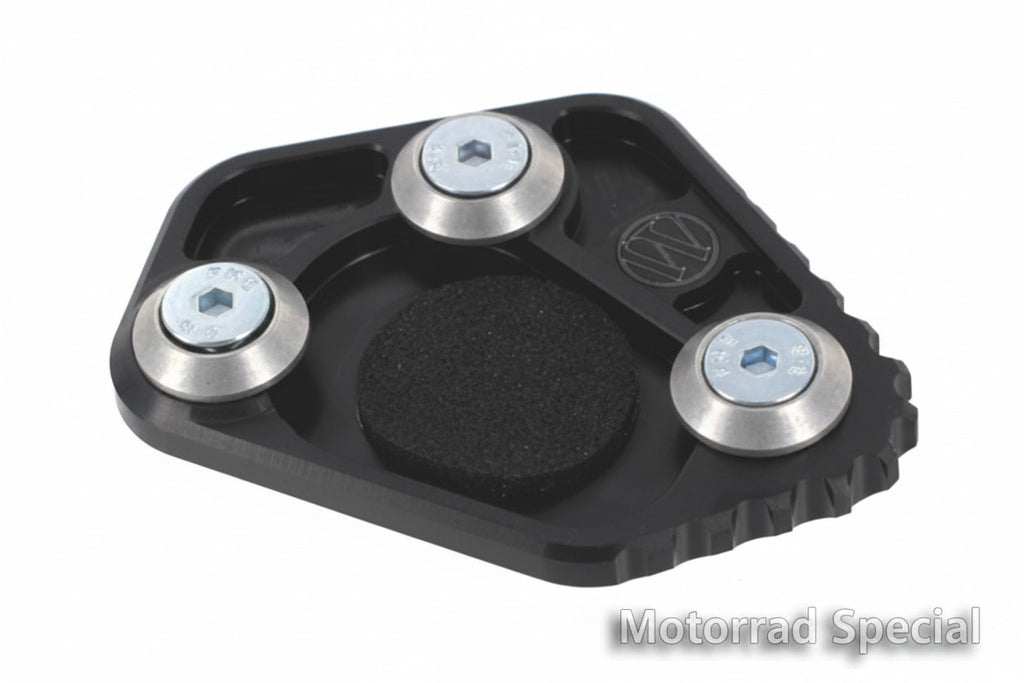 BMS S1000RR Wunderlich Seitenständervergrößerung mit robuster Auflagefläche für besseren Halt und sicheren Stand auf unterschiedlichen Untergründen.